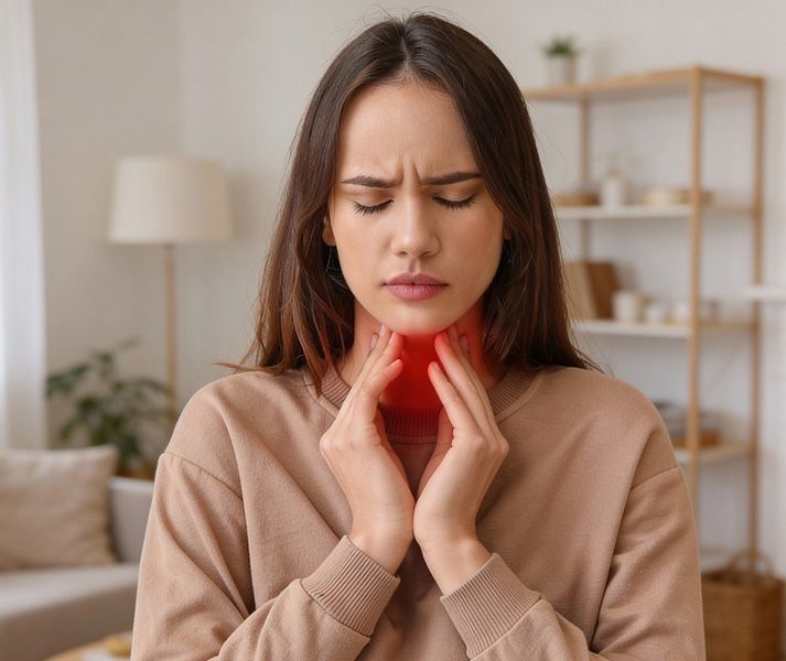Woman with sore throat getting relief through myAster care